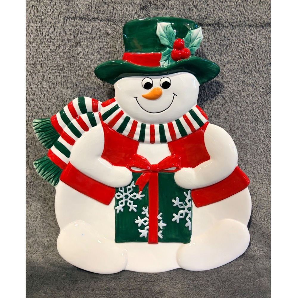 Fitz and Floyd Essentials Holiday Snowman Canape Plate Christmas Ceramic 2p